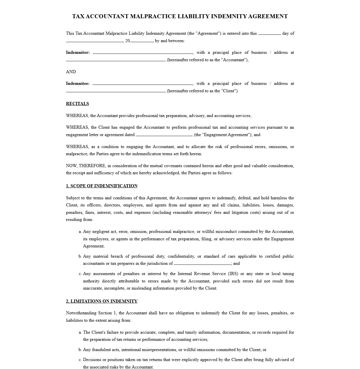 Tax Accountant Malpractice Liability Indemnity Agreement