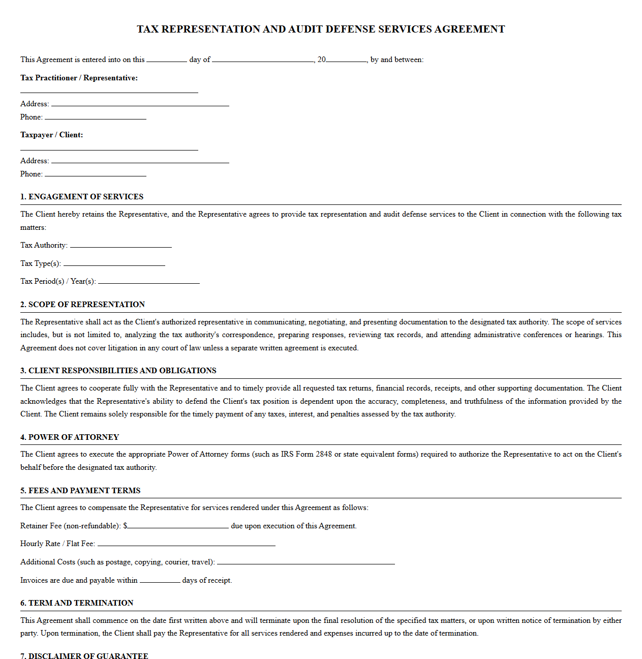 Tax Authority Representation and Audit Defense Contract