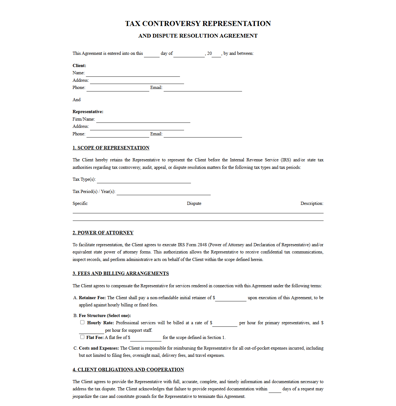 Tax Controversy Representation and Dispute Resolution Agreement