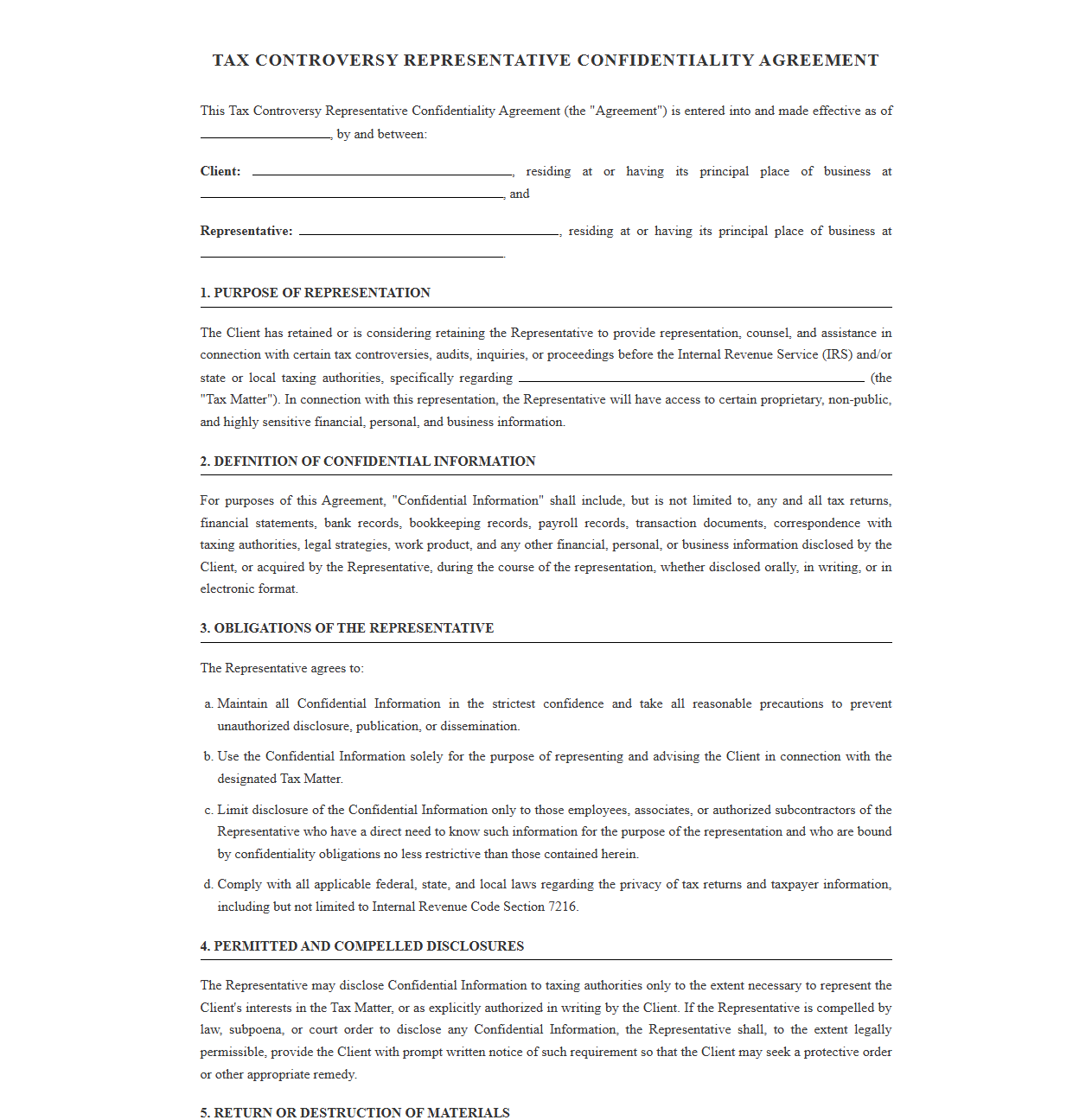Tax Controversy Representative Confidentiality Agreement