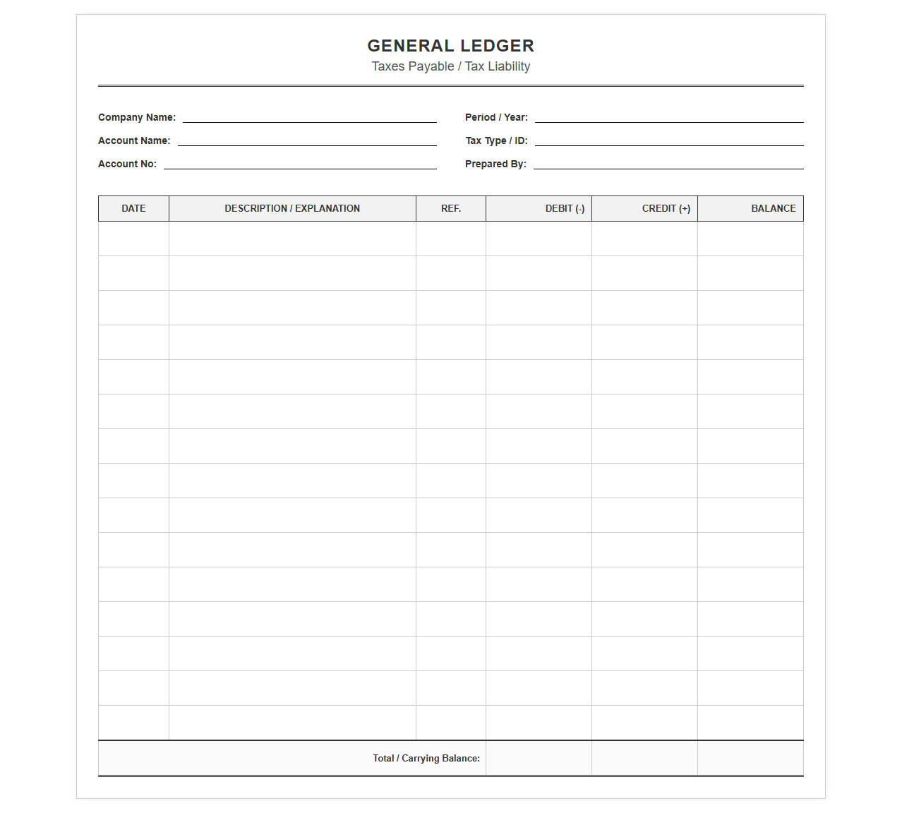 Tax Liability General Ledger Template