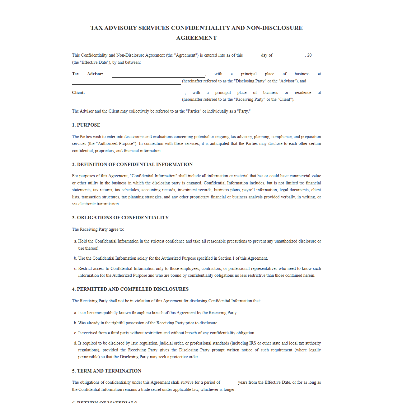 Tax Services Confidentiality and Non-Disclosure Agreement