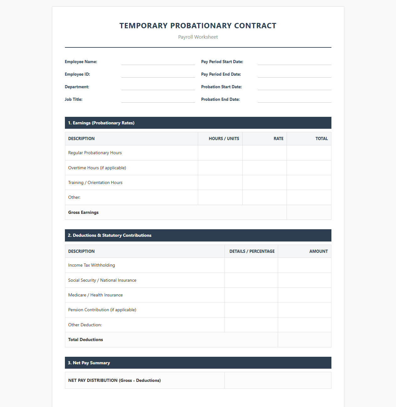 Temporary Probationary Contract Payroll Worksheet
