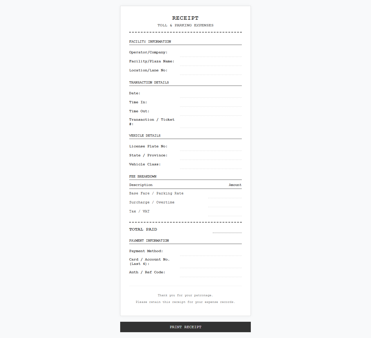 Tollway and Parking Garage Receipt Template