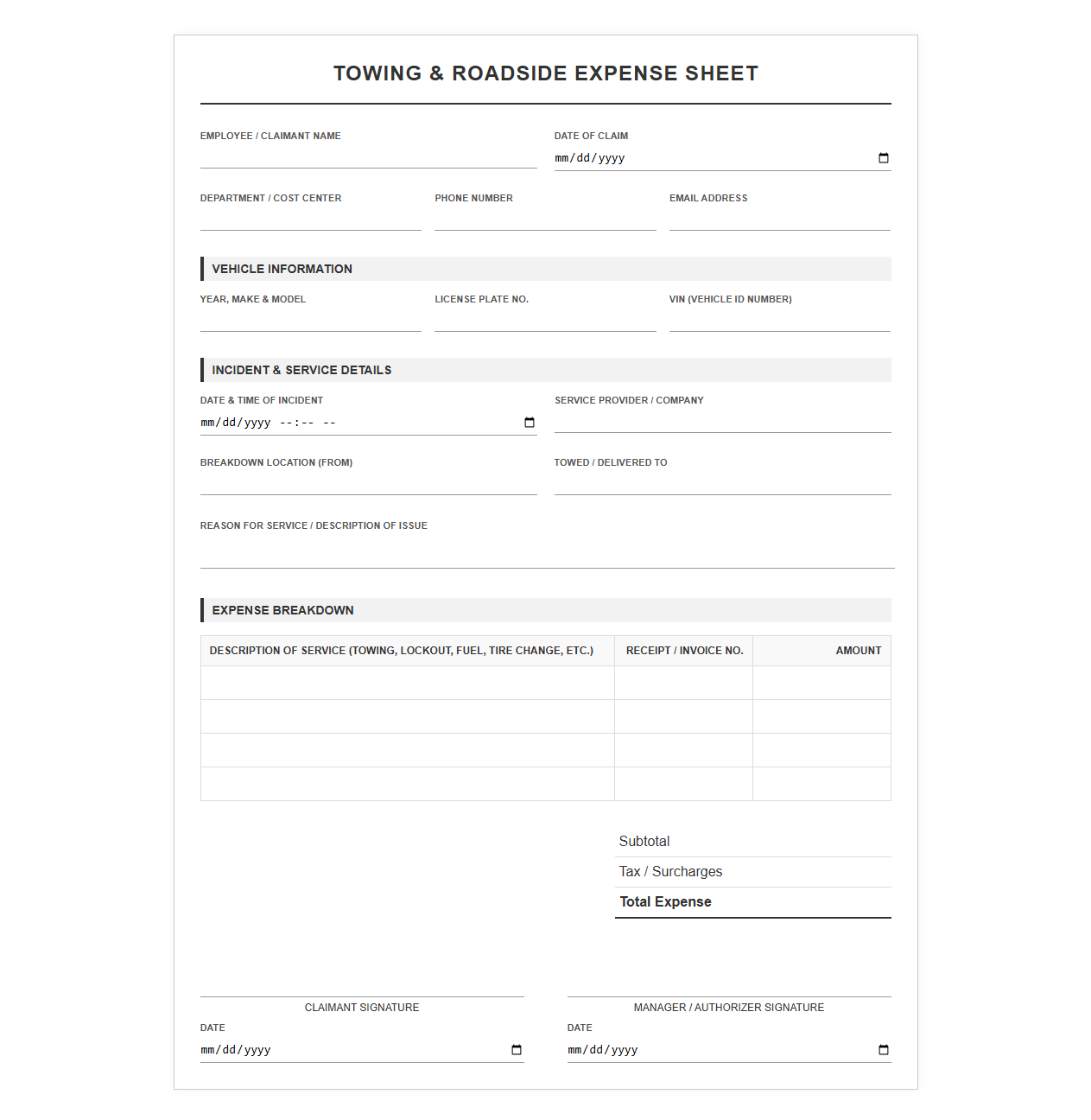 Towing and Emergency Roadside Expense Sheet