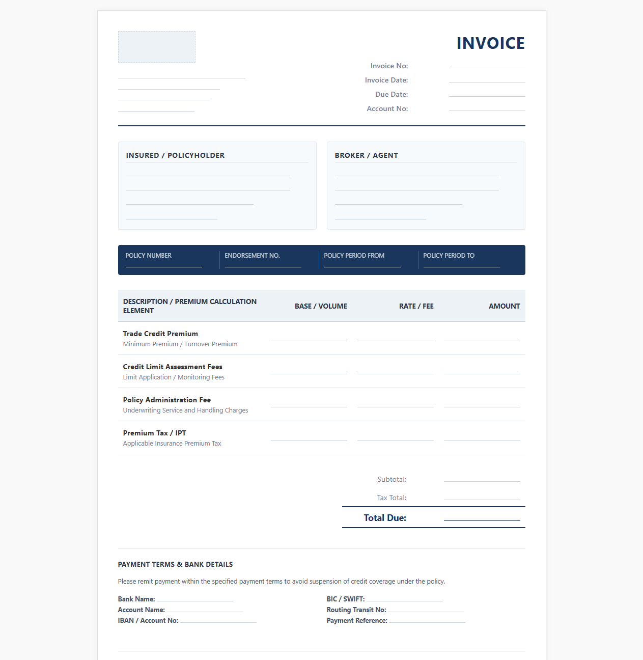 Trade Credit Insurance Billing Template