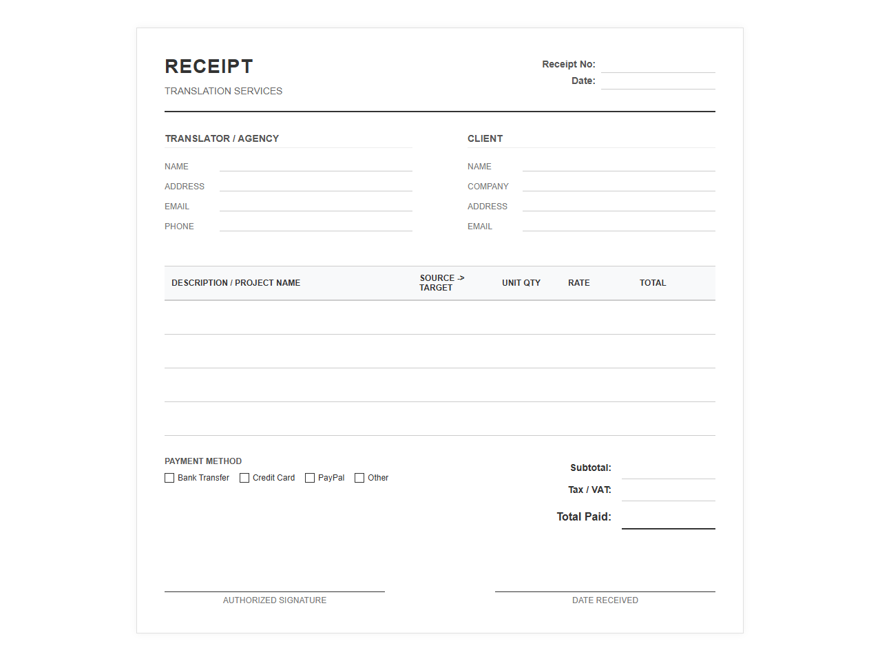 Translation Work Payment Receipt Template
