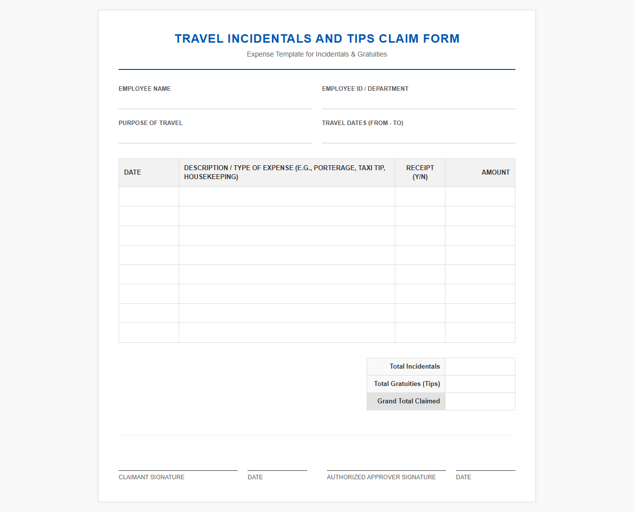 Travel Incidentals and Tips Claim Form