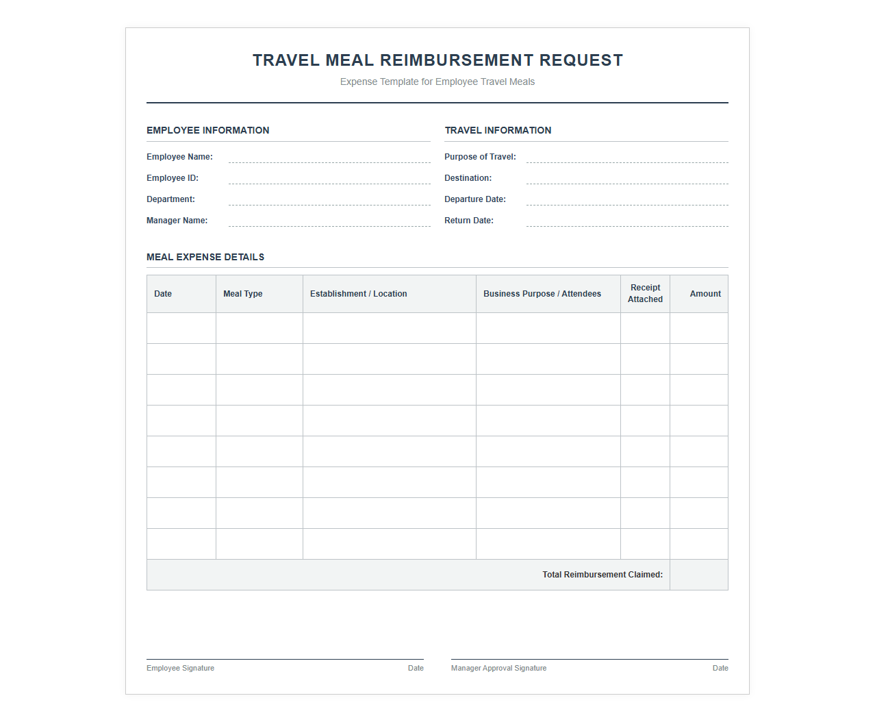 Travel Meal Reimbursement Request Sheet