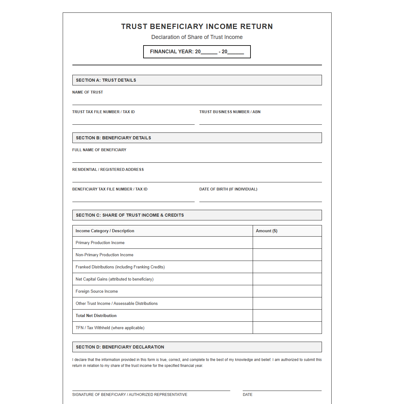 Trust Beneficiary Income Return Form