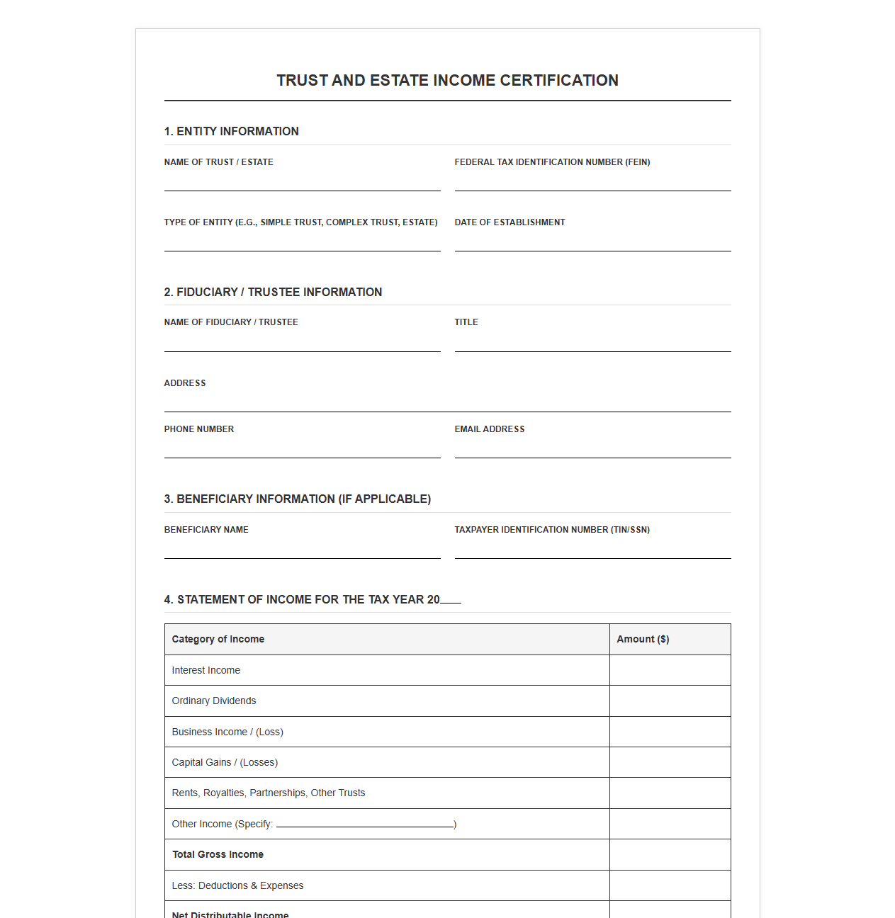Trust and Estate Income Certification Template
