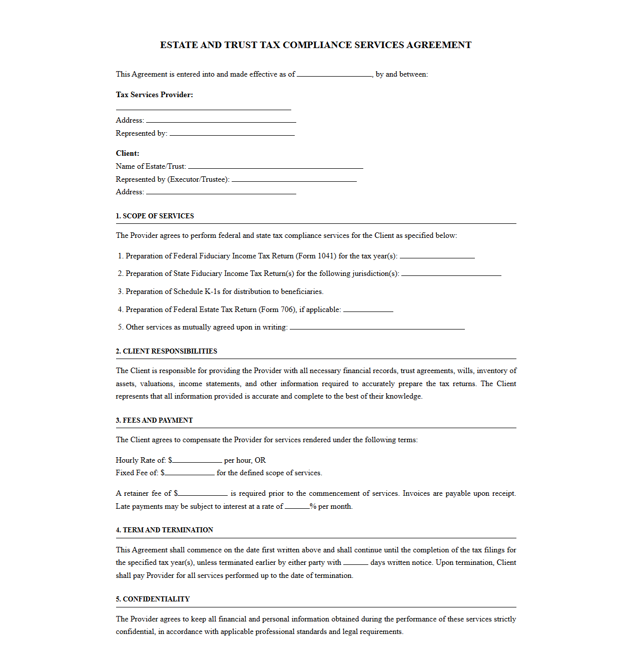 Trust and Estate Tax Compliance Services Agreement