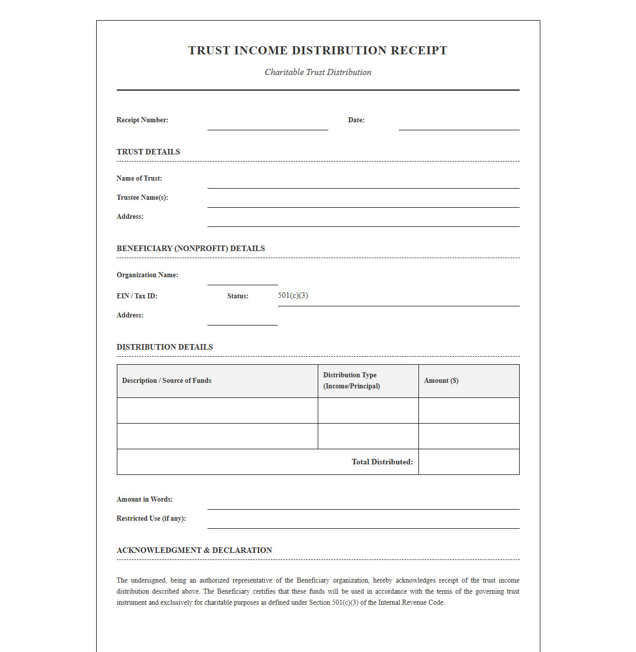 Trust Income Distribution Receipt for Nonprofits