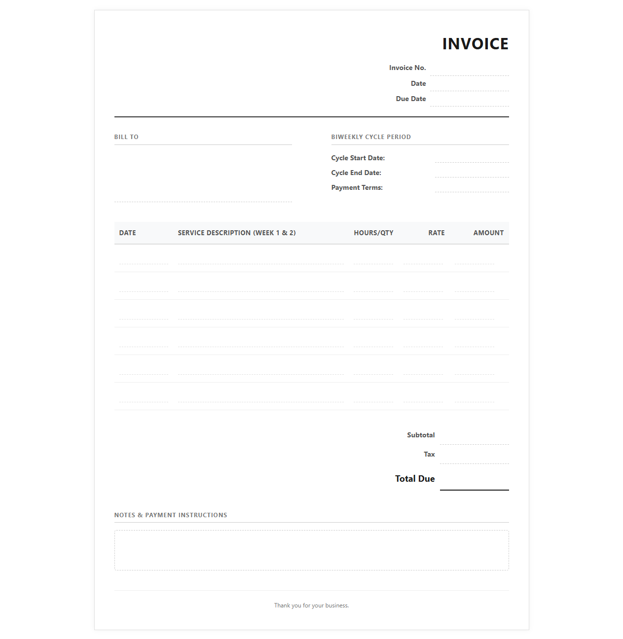Two-Week Cycle Service Billing Template