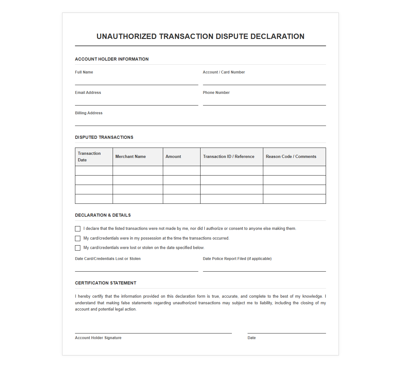 Unauthorized Transaction Dispute Declaration Template
