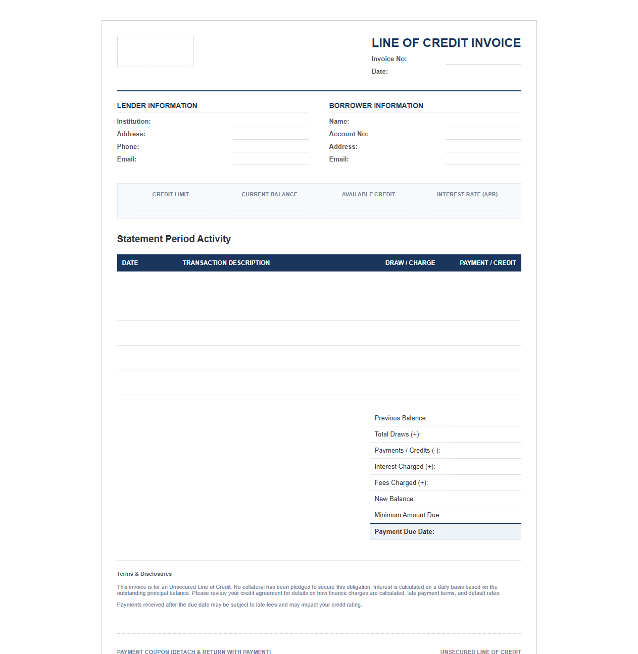 Unsecured Line of Credit Invoice Template