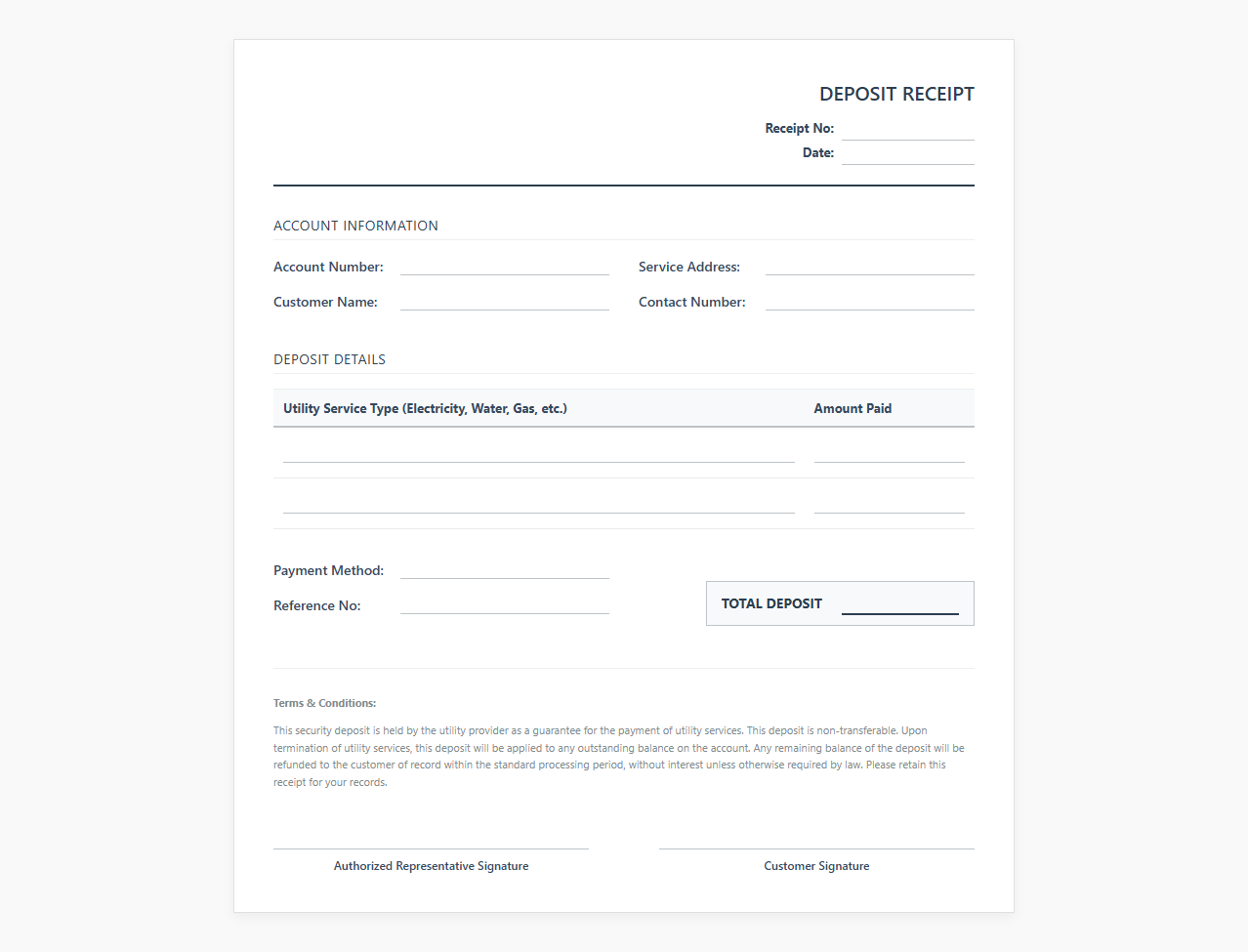 Utility Account Security Deposit Receipt