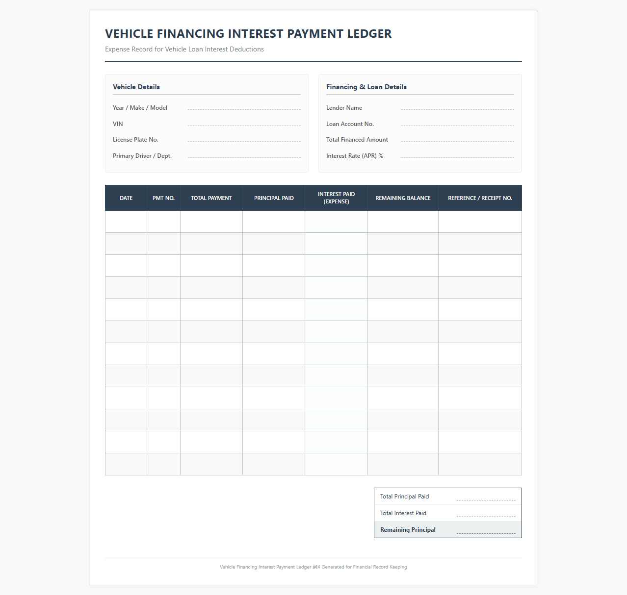 Vehicle Financing Interest Payment Ledger