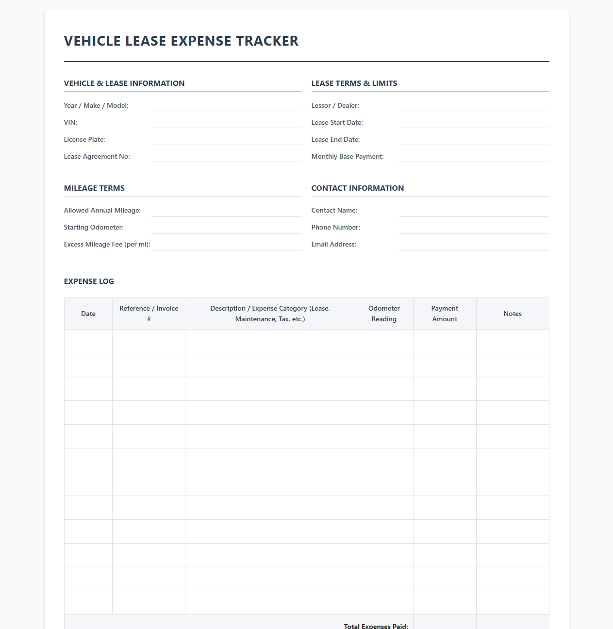Vehicle Lease Expense Tracker Template