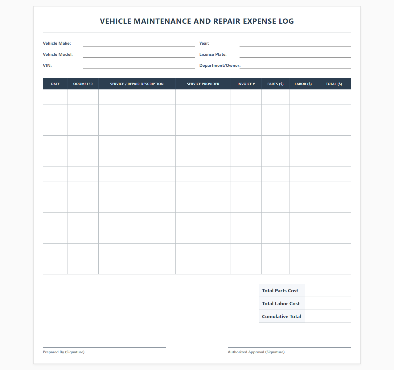 Vehicle Maintenance and Repair Expense Log