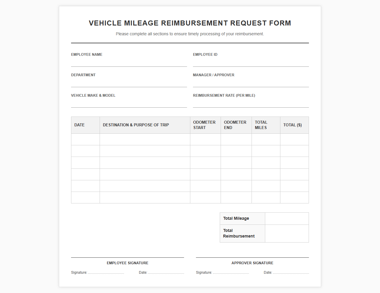 Vehicle Mileage Reimbursement Request Form