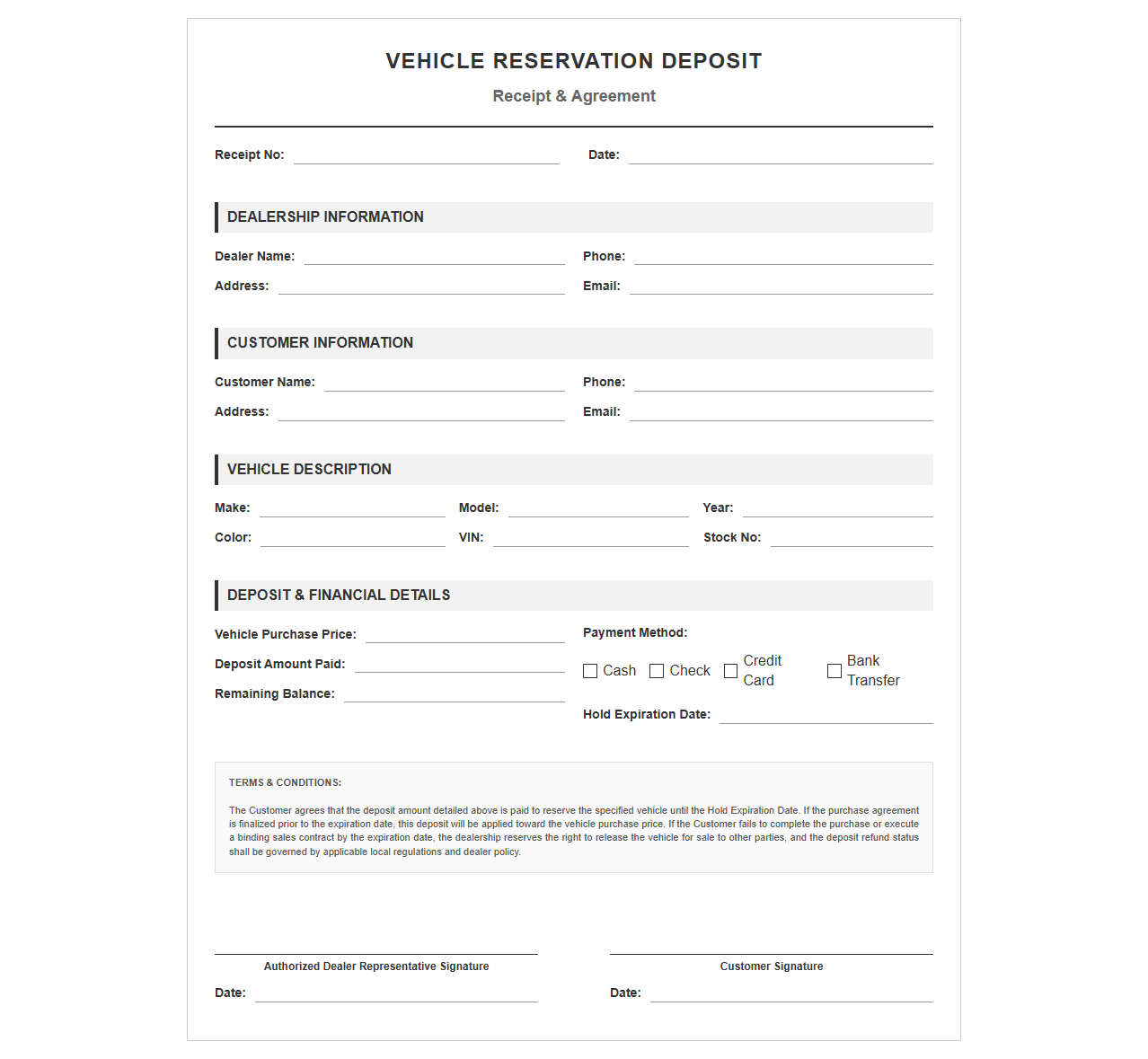 Vehicle Reservation Deposit Form