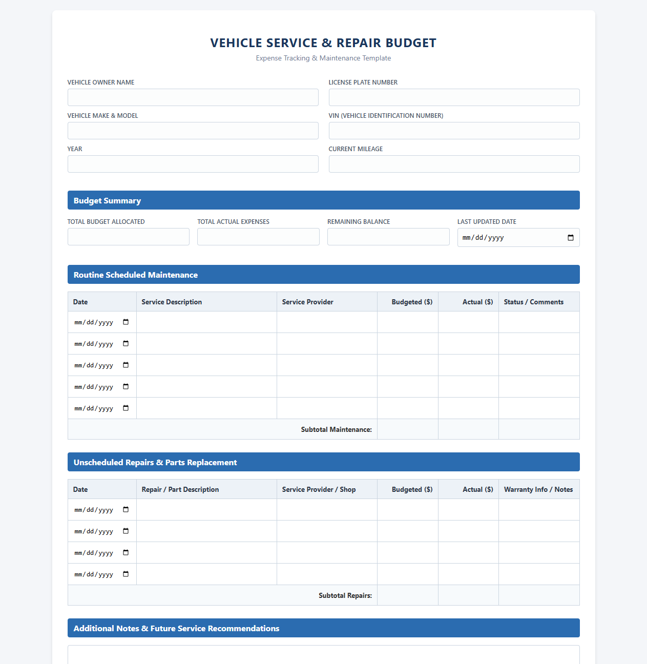 Vehicle Service and Repair Budget Template