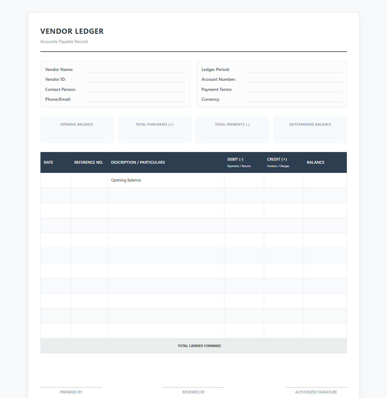 Vendor Ledger Template for Accounts Payable