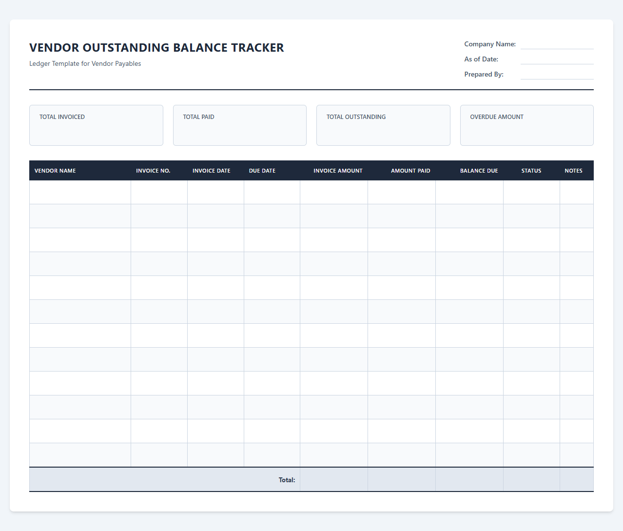 Vendor Outstanding Balance Tracker Spreadsheet