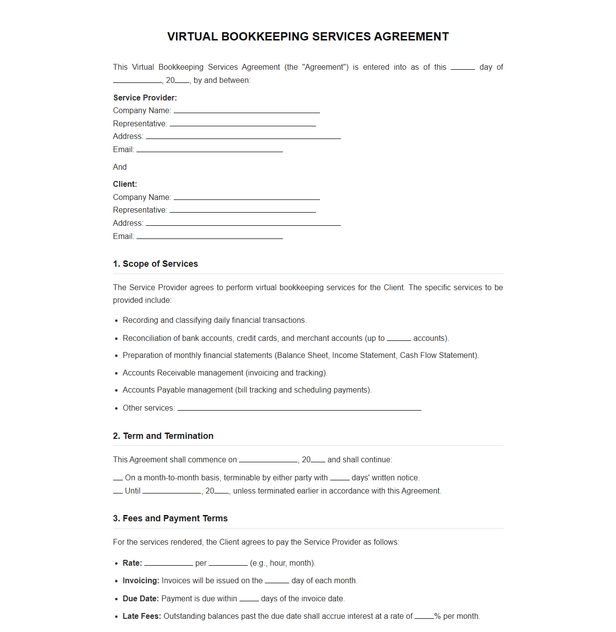 Virtual Bookkeeping Services Agreement Template