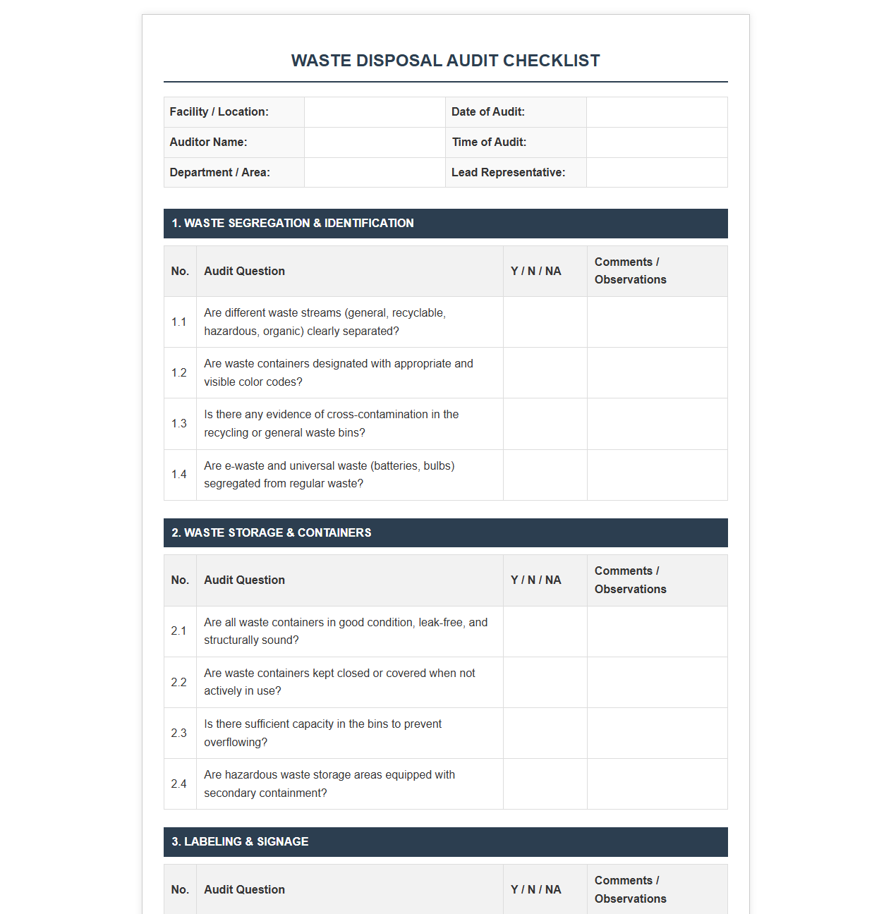 Waste Disposal Audit Checklist