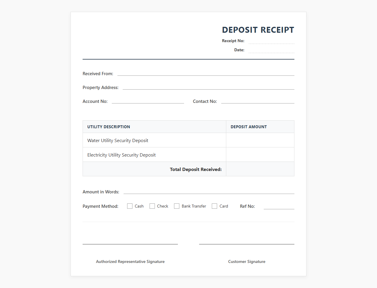 Water and Electricity Deposit Receipt Form
