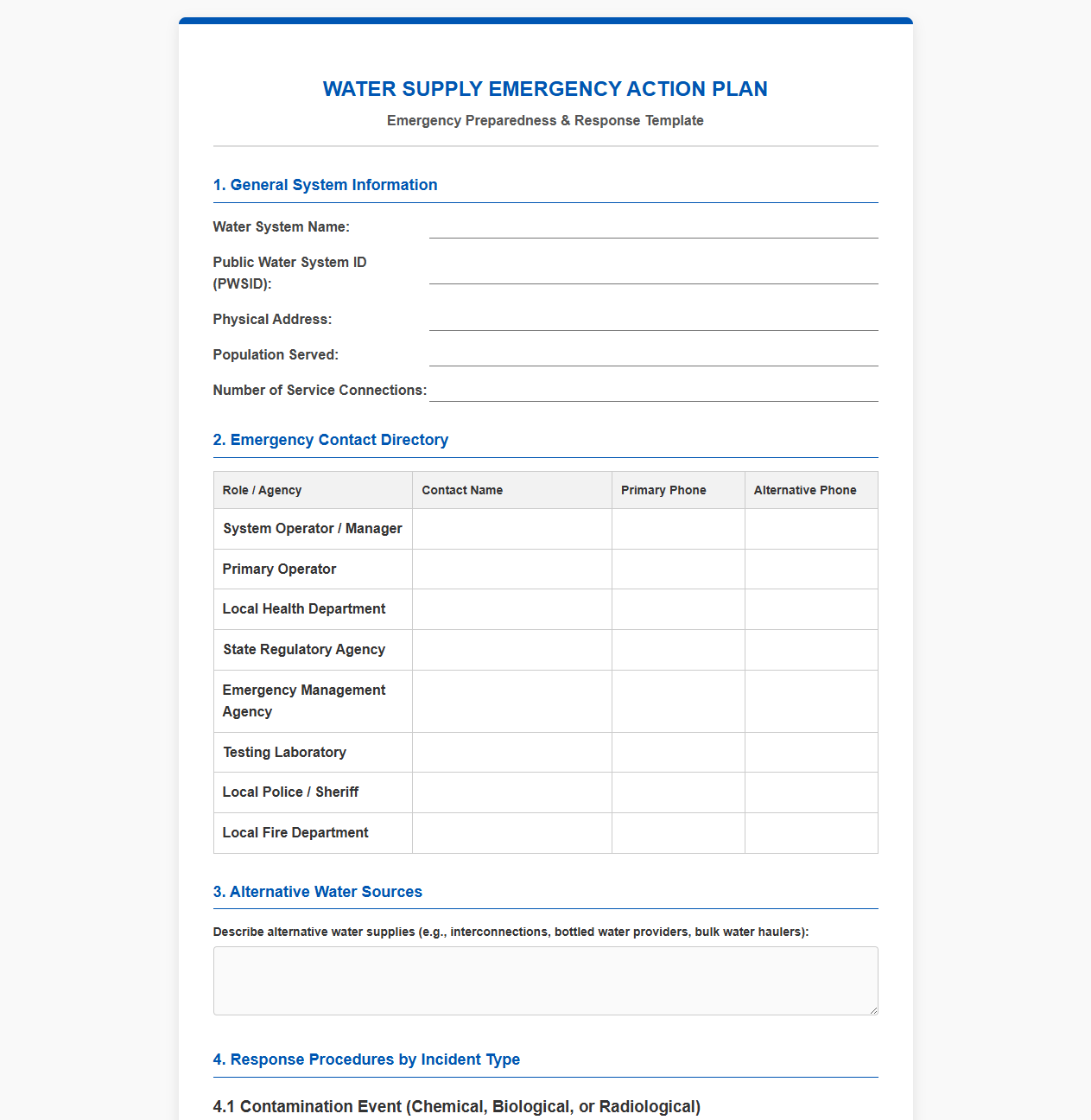 Water Supply Emergency Action Plan Template
