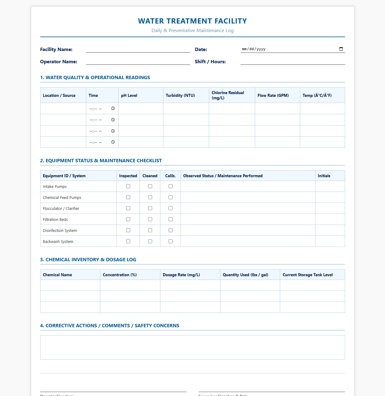Water Treatment Facility Maintenance Log Template