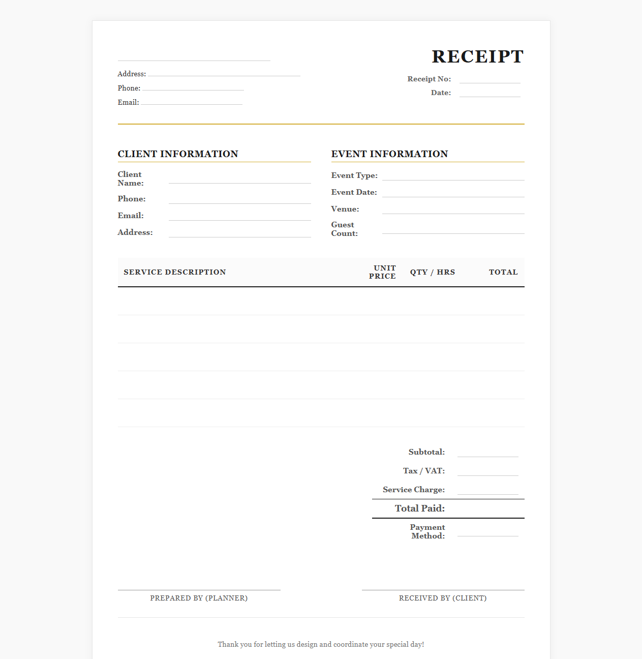 Wedding and Event Planning Receipt Form