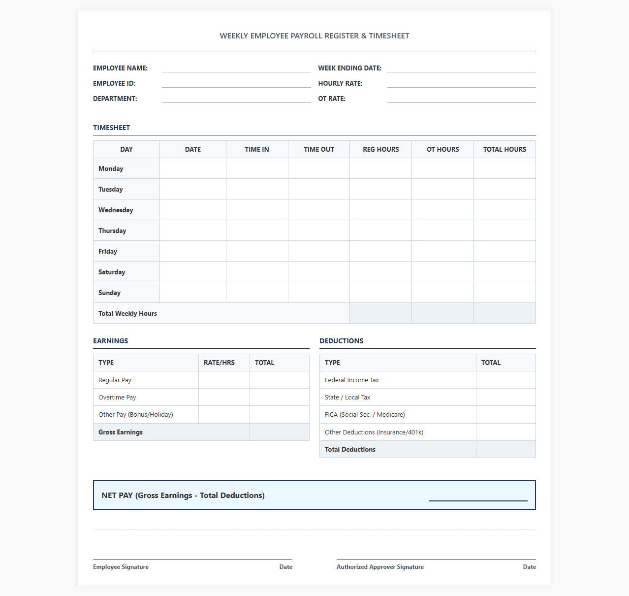 Weekly Employee Payroll Register and Timesheet