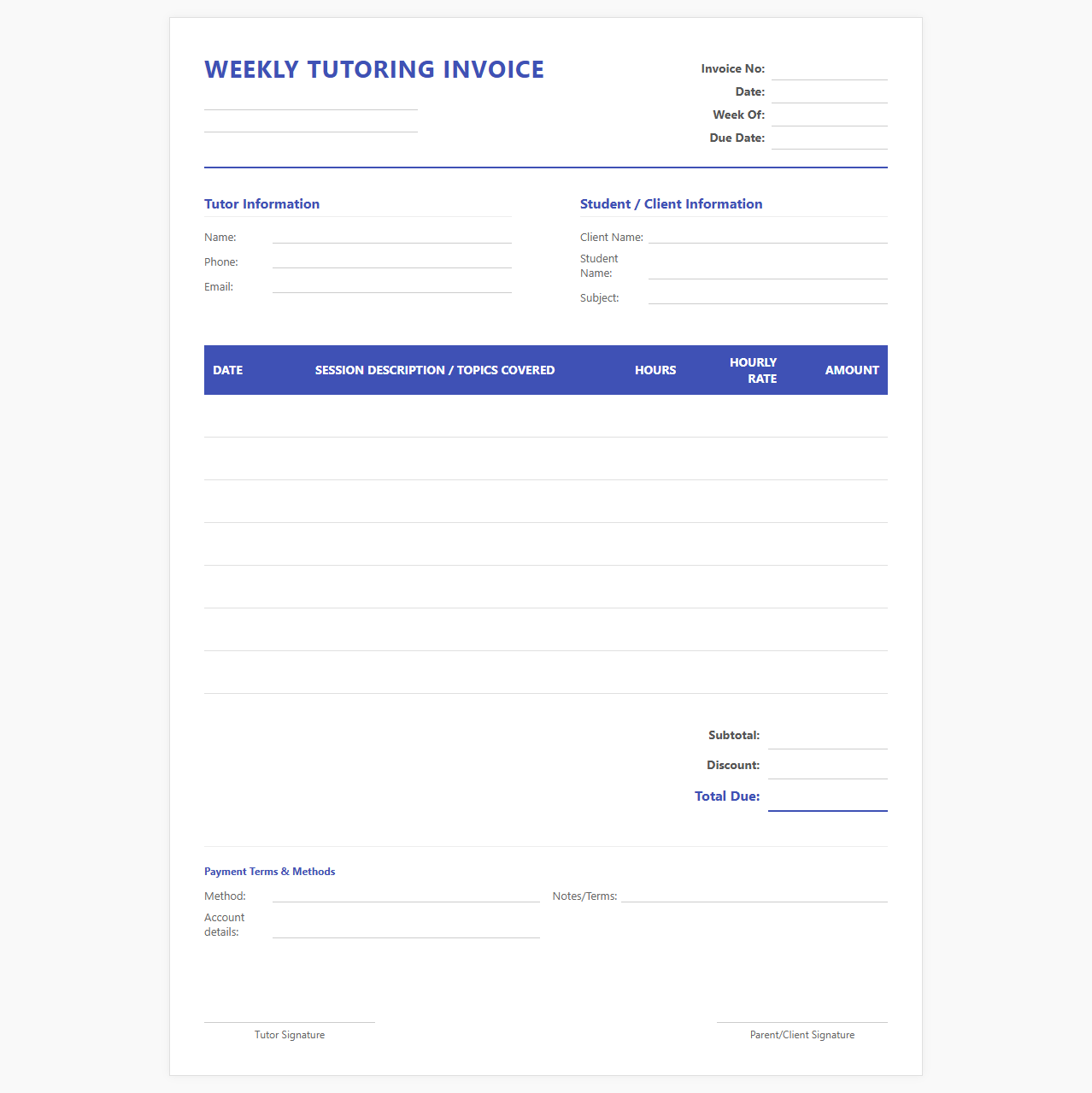 Weekly Private Tutoring Invoice Template