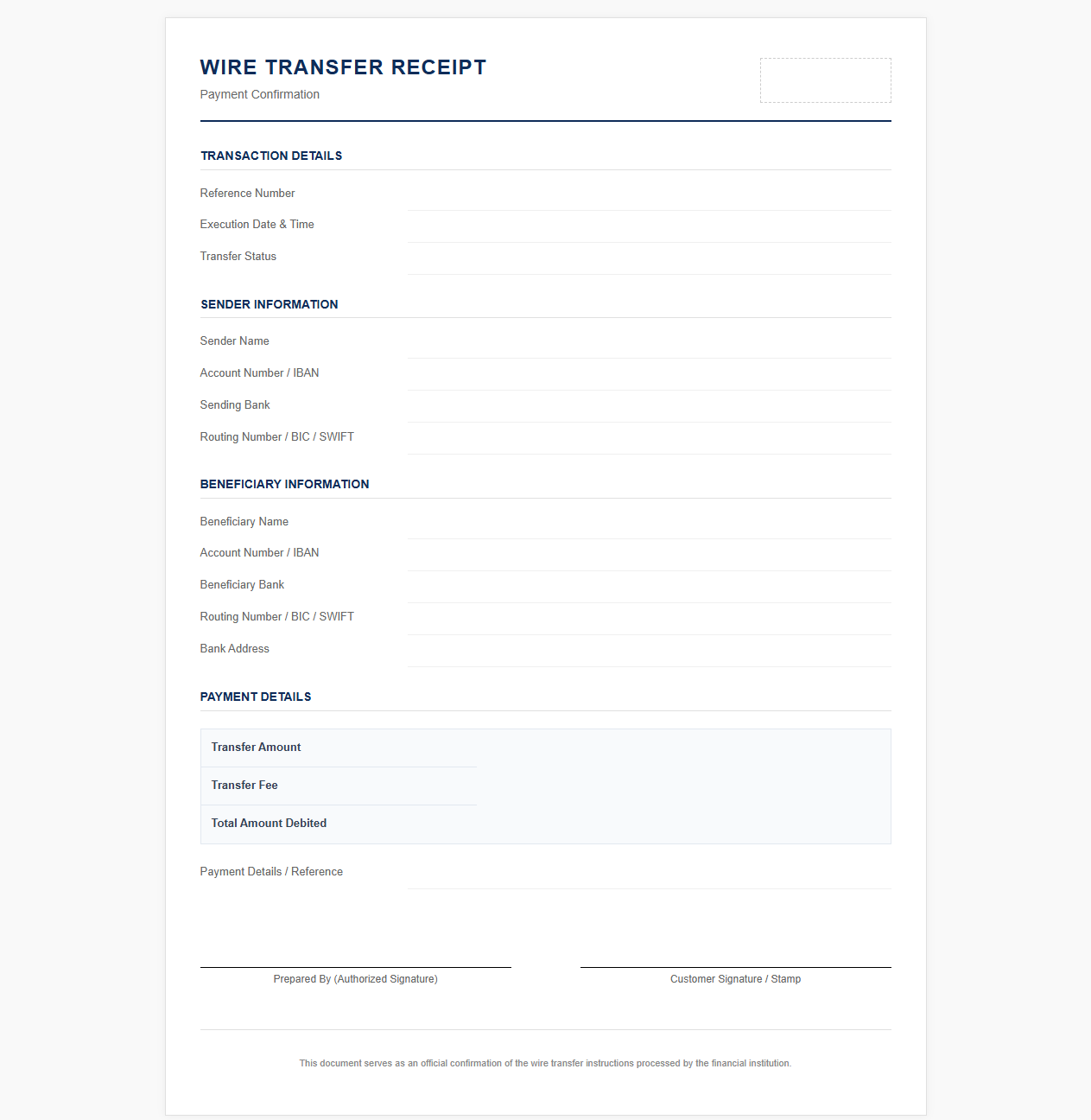 Wire Transfer Payment Confirmation Form
