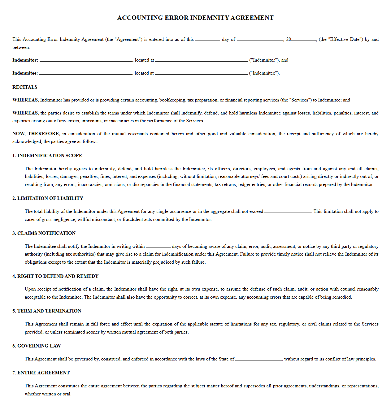 Accounting Error Indemnity Agreement Template