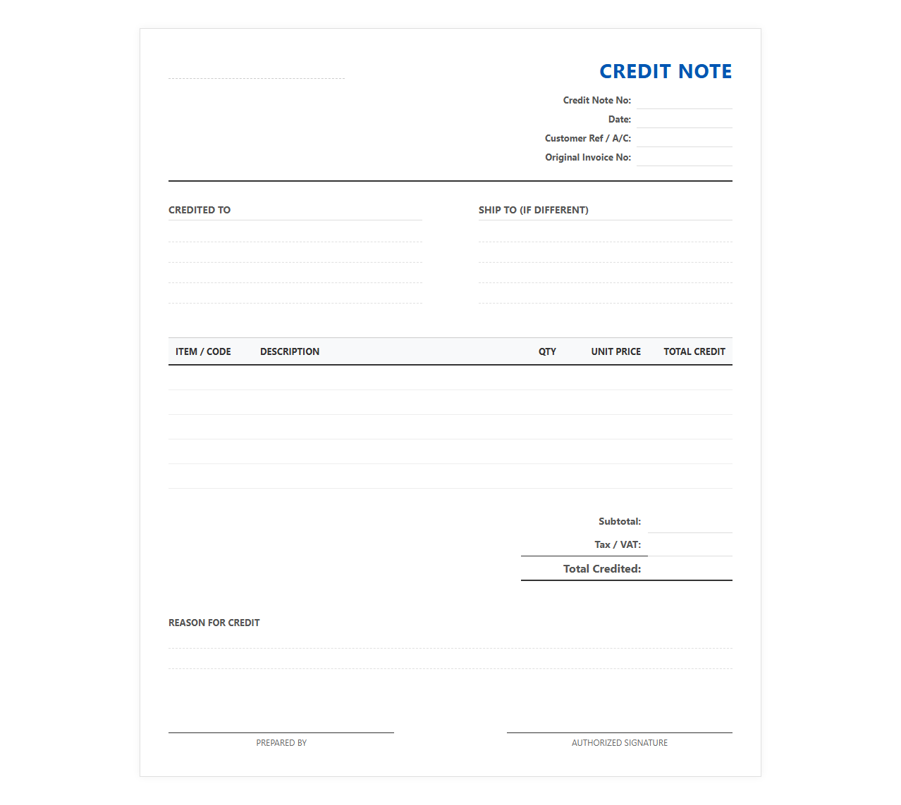 Accounts Receivable Credit Note Statement Template