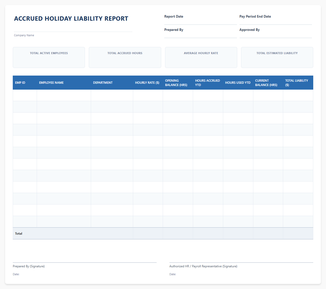 Accrued Holiday Liability Report Template