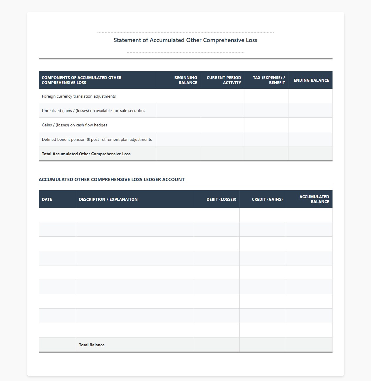 Accumulated Other Comprehensive Loss Ledger Template