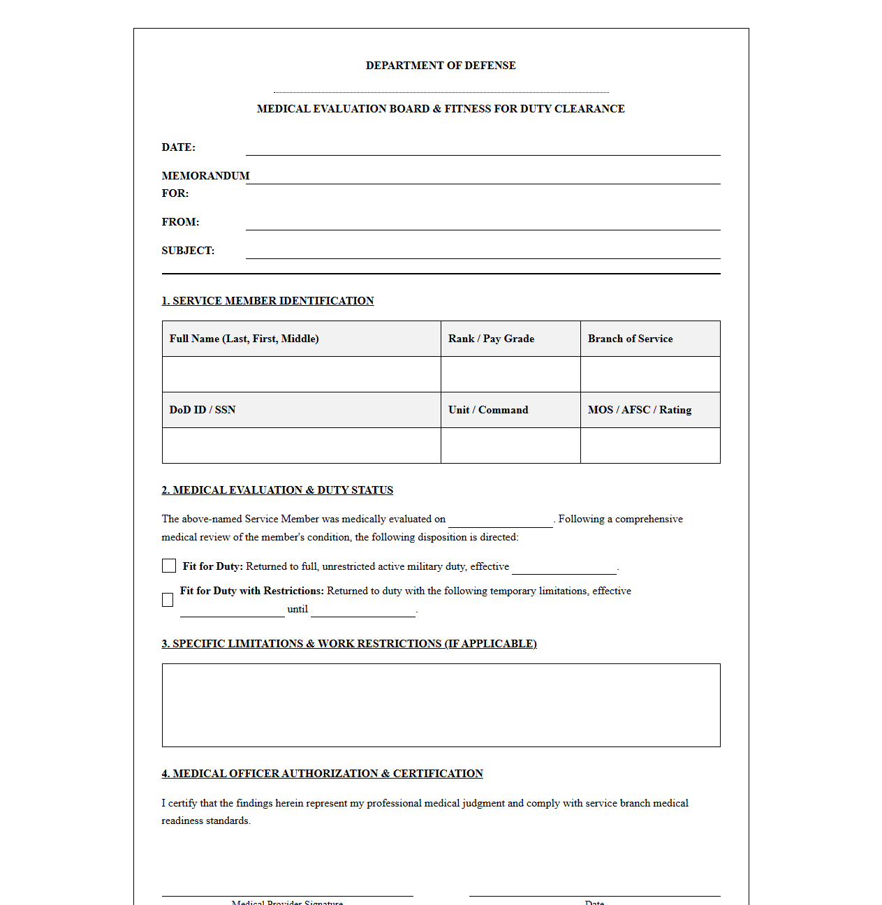 Active Duty Military Return to Duty Template