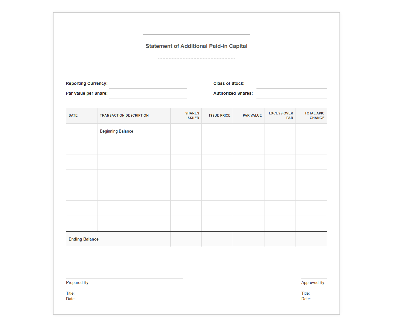 Additional Paid-In Capital Statement Template