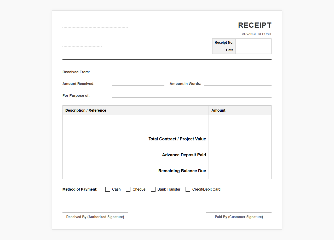 Advance Payment Receipt Form