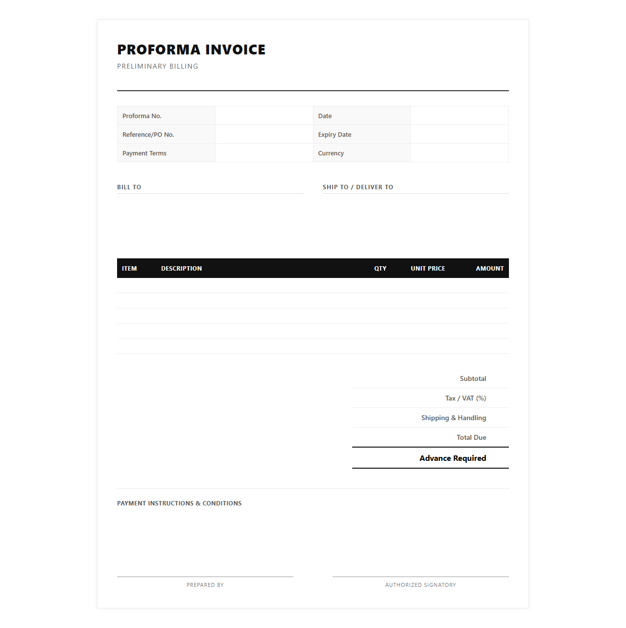 Advance Proforma Preliminary Billing Template