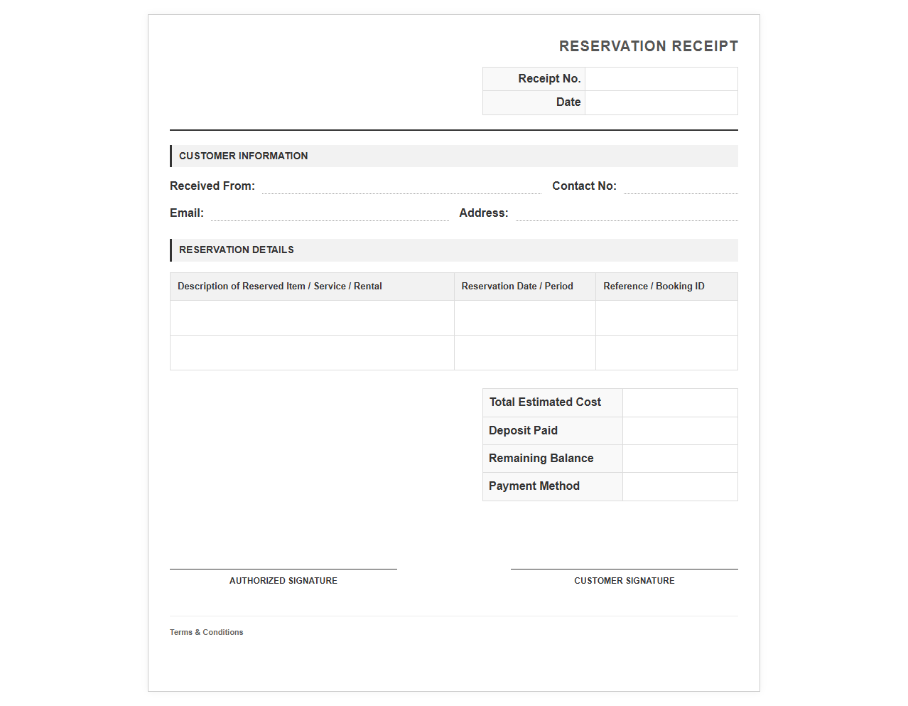 Advance Reservation Payment Receipt