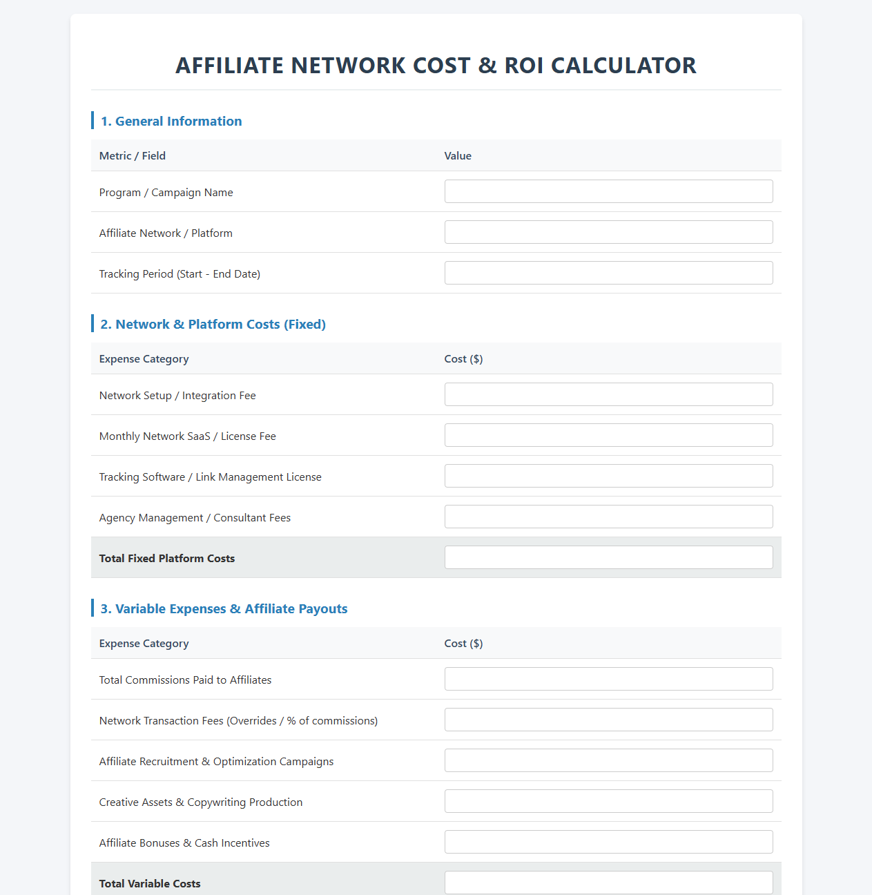Affiliate Network Cost and ROI Calculator