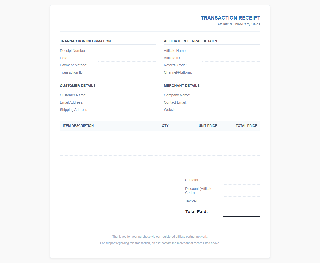 Affiliate Sales Transaction Receipt Template