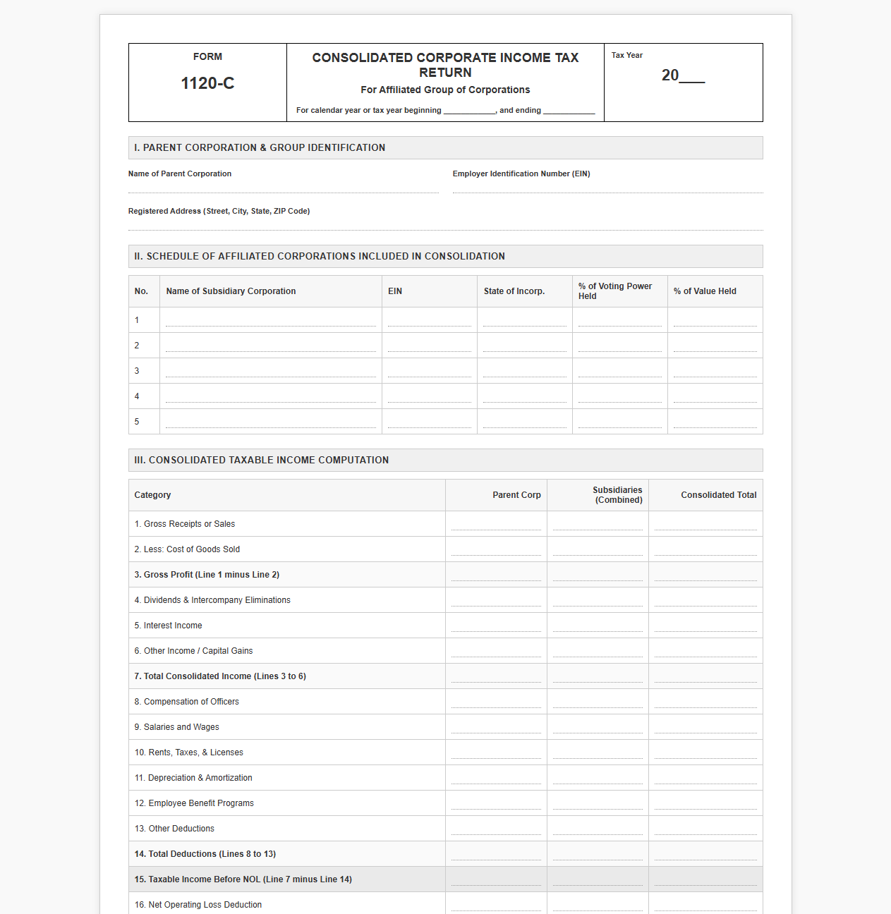 Affiliated Group Consolidated Tax Return Model